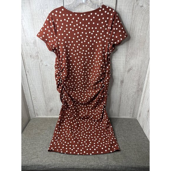 Isabel Maternity Rust Brown White Polka Dot Ruched Dress Midi L Summer Beach - Picture 2 of 7